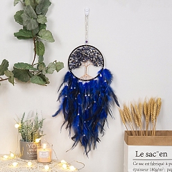 Blue Tree of Life Natural Lapis Lazuli Chips Woven Web/Net with Feather Decorations, for Home Bedroom Hanging Decorations, Blue, 160mm
