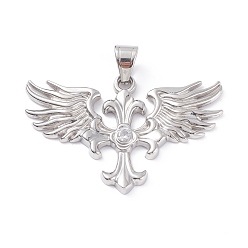 Stainless Steel Color 304 Stainless Steel Big Pendants, with Rhinestone, Wing with Cross, Stainless Steel Color, 58x38x4mm, Hole: 7x9mm