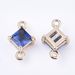Medium Blue Transparent Glass Links connectors, with Brass Findings, Faceted, Rhombus, Light Gold, Medium Blue, 11x7x4mm, Hole: 1mm, Side Length: 5mm