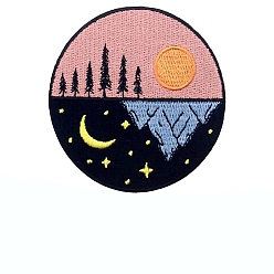 Tree Scenery Pattern Flat Round Computerized Embroidery Cloth Iron on Patches, Stick On Patch, Costume Accessories, Appliques, Tree, 79mm