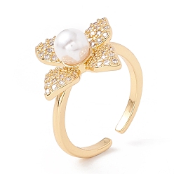Real 18K Gold Plated Clear Cubic Zirconia Flower Open Cuff Ring with Acrylic Pearl, Brass Jewelry for Women, Lead Free & Cadmium Free, Real 18K Gold Plated, US Size 6 3/4(17.1mm)