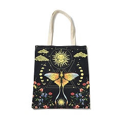 Yellow Flower & Butterfly & Sun Printed Canvas Women's Tote Bags, with Handle, Shoulder Bags for Shopping, Rectangle, Yellow, 60cm