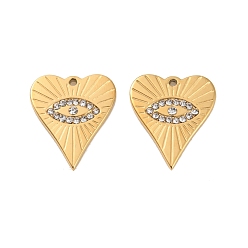 Crystal Ion Plating(IP) 304 Stainless Steel Pendants, with Rhinestone, Real 18K Gold Plated, Heart with Eye Charm, Crystal, 17.5x15x2mm, Hole: 1.2mm