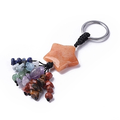 Red Aventurine Natural Red Aventurine Star with Mixed Gemstone Chips Beaded Tassel Keychains, with 304 Stainless Steel Ring Clasps, 9.5~10cm
