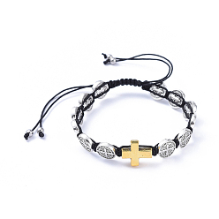 Golden Adjustable Nylon Thread Braided Bead Bracelets, with Tibetan Style Alloy Beads and 304 Stainless Steel Beads, Saint Benedict Medal & Cross, Golden, Inner Diameter: 2 inch~3-3/4 inch(5.1~9.6cm)