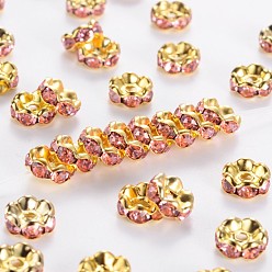 Pink Brass Rhinestone Spacer Beads, Grade A, Rondelle, Golden and Nickel Free, Pink, about 8mm in diameter, 3.8mm thick, hole: 1.5mm