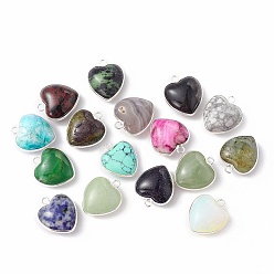 Mixed Stone Natural & Synthetic Mixed Gemstone Pendants, with Silver Color Plated Brass Findings, Heart Charms, Mixed Dyed and Undyed, 18~19x15~17x7~10mm, Hole: 2mm