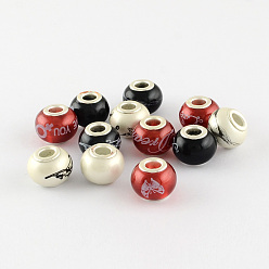 Mixed Color Rondelle Spray Painted Glass European Large Hole Beads, with Pattern Printed and Double Silver Color Plated Brass Cores, Mixed Color, 11.5x14mm, Hole: 5mm