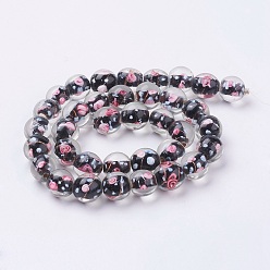 Black Handmade Lampwork Beads Strands, Inner Flower, Round, Black, 11~12x11~12mm, Hole: 2~2.5mm