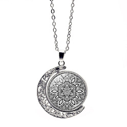 Dark Gray Glass Moon with Mandala Flower Pendant Necklace, Stainless Steel Jewelry for Women, Dark Gray, 17.72 inch(45cm)