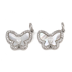 Platinum Brass Micro Pave Clear Cubic Zirconia Pendants, Butterfly Charm, with Natural Shell & Brass Jump Ring, Platinum, 11.5x16x4mm, Hole: 3.5mm