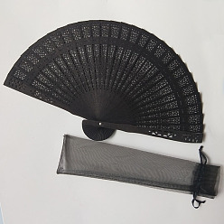 Black Wooden Folding Fan, Vintage Wooden Fan, with Organza Bag, for Party Wedding Dancing Decoration, Black, 200mm, Open Diameter: 330mm