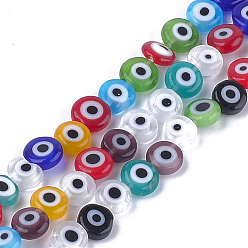 Color mezclado Hechos a mano de perlas de mal de ojo de cristal de murano hebras, plano y redondo, color mezclado, 6x2.5 mm, agujero: 1 mm, sobre 64~65 unidades / cadena, 14.1 pulgada ~ 14.5 pulgada