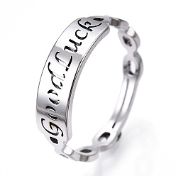 Stainless Steel Color 304 Stainless Steel Word Good Luck Adjustable Ring for Women, Stainless Steel Color, US Size 6 1/2(16.9mm)
