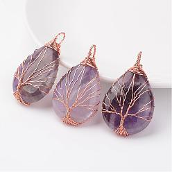 Amethyst Natural Amethyst Pendants, teardrop, with Rose Gold Tone Brass Findings, 48~55x30~32x10~12mm, Hole: 4~7x8~12mm