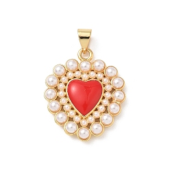 Красный Латунь эмаль подвески, сердце, с абс пластмассовой имитационной жемчужиной, без кадмия и без свинца, реальный 18 k позолоченный, красные, 24.5x20x4 мм, отверстие : 4x4.5 мм