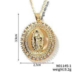 Прозрачный Латунные блестящие кубические цирконии подвески Девы Марии ожерелья, мода хип-хоп рок ювелирные изделия аксессуар, золотые, прозрачные, 15.75 дюйм (40 см)