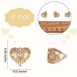 Golden 5 Pieces Angel Wing Love Heart Charm Pendant Heart Clear Cubic Zirconia Charm Copper Plating for Jewelry Necklace Earring Making Crafts, Golden, 11.6x13.3mm, Hole: 1.2mm