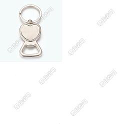 Platine 1 ouvre-bouteilles cabochon en alliage de zinc, avec porte-clés fendu, cœur, platine, Plateau: 26x22 mm, 83.5mm, 56x31x5mm