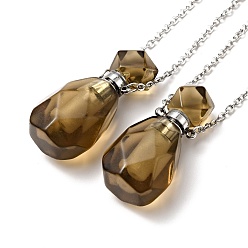 Synthetic Gemstone Openable Faceted Synthetic Smoky Quartz Perfume Bottle Pendant Necklaces for Women, 304 Stainless Steel Cable Chain Necklaces, Stainless Steel Color, 18.54 inch(47.1cm)