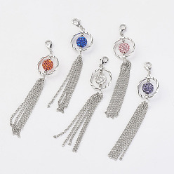 Mixed Color Iron Twisted Chain Tassel Pendants, with Polymer Clay Rhinestone Bead and Brass Lobster Claw Clasps, Mixed Color, 99x21x10mm