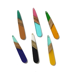 Mixed Color Opaque Resin & Walnut Wood Pendants, Teardrop Charms, Mixed Color, 43.5~44x7.5x3mm, Hole: 1.5mm