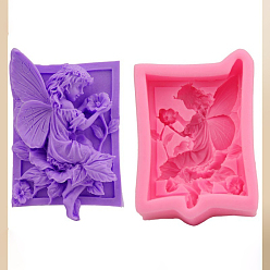 Hot Pink Silicone Molds, for Handmade Soap Making, Rectangle with Fairy & Flower, Hot Pink, 89x62x27mm