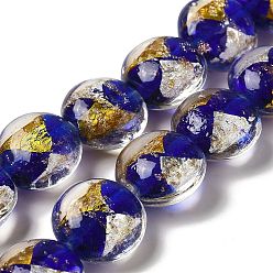 Blue Handmade Gold Sand and Silver Sand Lampwork Flat Round Beads, Blue, 14~14.5x8.5~9mm, Hole: 1.6~1.8mm