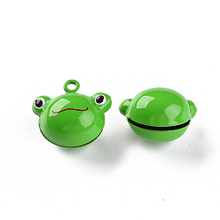 Lime Green Baking Painted Brass Bell Pendants, Frog, Lime Green, 19x21x14.5mm, Hole: 2mm