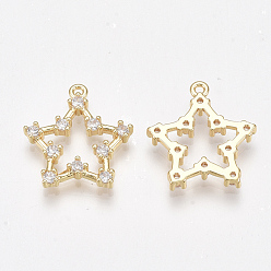 Clear Brass Cubic Zirconia Pendants, Nickel Free, Real 18K Gold Plated, Star, Clear, 18x16.5x2.5mm, Hole: 1mm