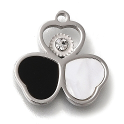 Нержавеющая Сталь Цвет Акриловые подвески, с 304 нержавеющей стали выводы горный хрусталь, подвеска в виде клевера в виде сердца, цвет нержавеющей стали, 15x15.5x2.5 мм, отверстие : 1.4 мм