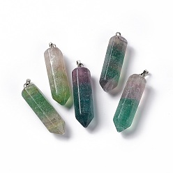 Fluorite Natural Fluorite Double Terminated Pointed Pendants, with Platinum Tone Brass Findings, Bullet, 39x10x10mm, Hole: 3x6mm