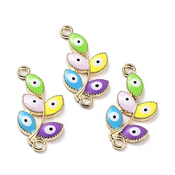 Colorful Alloy Enamel Evil Eye Connector Charms, Golden Plated Leaf Links, Colorful, 25x12x2.1mm, Hole: 1.8mm