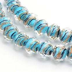 Sky Blue Handmade Gold Sand Lampwork Rondelle Beads Strands, Faceted, Sky Blue, 12x9mm, Hole: 1mm, 40pcs/strand, 14.2~15.4 inch