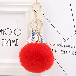 red Colorful Unicorn Fur Ball Pendant Double-sided PU Leather Unicorn Keychain Ladies Bag Car Pendant.
