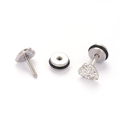 Stainless Steel Color 304 Stainless Steel Heart Earlobe Plugs, Screw Back Earrings, with Polymer Clay Rhinestone, Stainless Steel Color, 7x7mm, Pin: 1mm