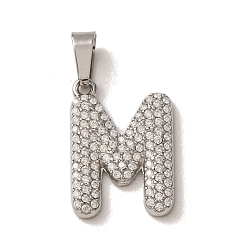 Letter M 304 Stainless Steel Micro Pave Clear Cubic Zirconia Pendants, Letter Charms, Stainless Steel Color, Letter M, 18x12x2.5mm, Hole: 6x2.5mm