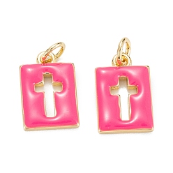 Deep Pink Brass Enamel Charms, Real 18K Gold Plated, Long-Lasting Plated, Rectangle with Cross, Deep Pink, 14.5x9.5x2mm, Hole: 3mm, Jump Ring: 5x0.8mm