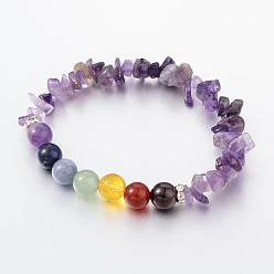 Amethyst Chips and Round Chakra Natural Gemstone Beaded Stretch Bracelets, Amethyst, 50~53mm