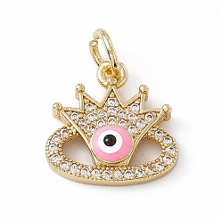Pearl Pink Rack Plating Brass Enamel Cubic Zirconia Charms, Crown with Evil Eye Charm, with Jump Ring, Long-Lasting Plated, Real 18K Gold Plated, Lead Free & Cadmium Free, Pearl Pink, 15x15x3.6mm, Hole: 4mm