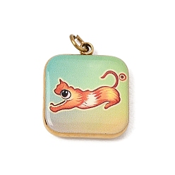 Pale Green Printed 304 Stainless Steel Pendants, Square with Cat Shape Charms, Ion Plating(IP), Long-Lasting Plated, Golden, Pale Green, 16.5x14x3mm, Hole: 2.5mm