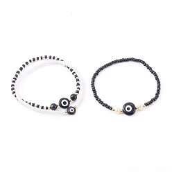Black Glass Seed Beaded Stretch Bracelets, Stackable Bracelets, with Natural Pearl Beads, Synthetic Black Stone Beads and Evil Eye Lampwork Beads, Black, Inner Diameter: 2-1/8~2-1/4 inch(5.4~5.6cm), 3pcs/set