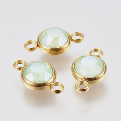 Light Green K9 Glass Links connectors, Faceted, with 304 Stainless Steel Findings, Ion Plating (IP), Flat Round, Golden, Light Green, 17.5x10x6mm, Hole: 2.5mm