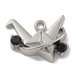 Черный Алмаз Стойки обшивки кулон сплава, со стразами, без свинца и без кадмия, оригами журавлик, платина, черный алмаз, 14x18x5 мм, отверстие : 1.8 мм
