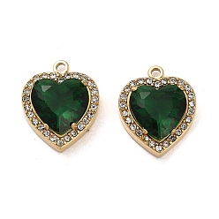 Green Real 14K Gold Plated 304 Stainless Steel Pendants, with Glass and Rhinestone, Heart Charms, Green, 16.5x13.5x6mm, Hole: 1.6mm