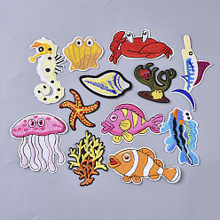 Mixed Color Computerized Embroidery Cloth Iron On/Sew On Patches, Appliques,Sea Horse & Shell& Crab & Spiral & Sea Grass & Fish & Starfish/Sea Stars & Shark & Jellyfish, Mixed Color, 50~109x41~91x1.5mm, 120pcs/bag