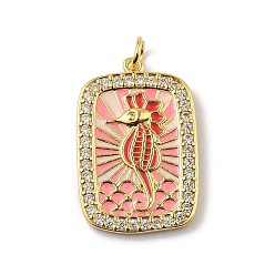 Sea Horse Подвески из латуни микропаве с фианитами и эмалью, прямоугольные, стойки покрытие, долговечный, без свинца и без кадмия, реальный 18 k позолоченный, с целью перехода в кольце, морской конек, 26.5x17.5x2 мм, отверстие : 3.2 мм