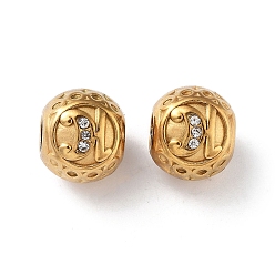 Letter H 304 Stainless Steel Rhinestone European Beads, Round Large Hole Beads, Real 18K Gold Plated, Round with Letter, Letter H, 11x10mm, Hole: 4mm
