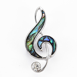 Colorful Musical Note Natural Abalone Shell/Paua Shell Brooch Pin, Alloy Lapel Pin for Girl Women, Lead Free & Cadmium Free, Platinum, Colorful, 50~52x23x9mm, Hole: 7x4mm, Pin: 0.7mm