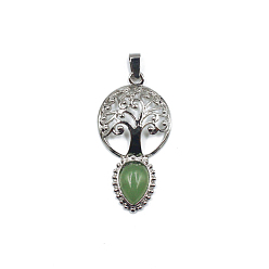 Green Aventurine Natural Green Aventurine Teardrop Pendants, Tree of Life Charms with Platinum Plated Metal Findings, 49x26mm